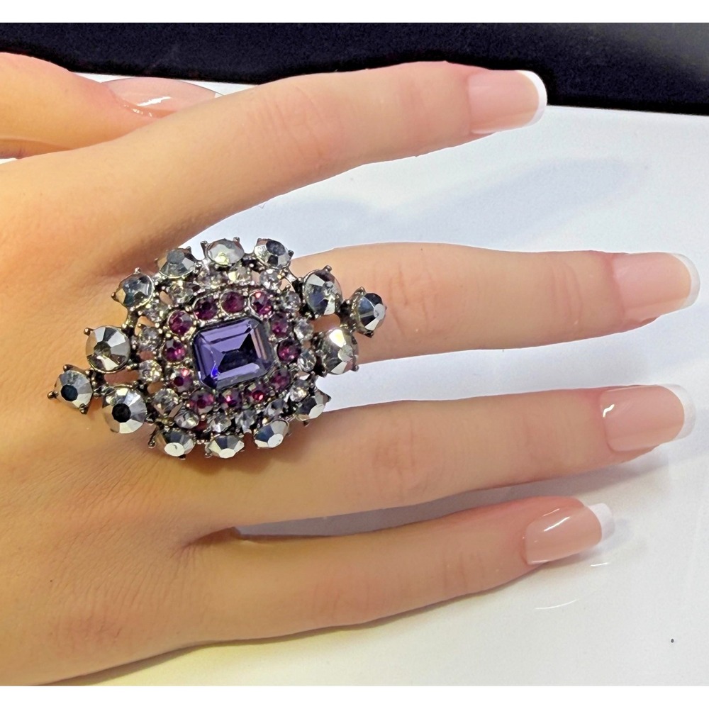 Vintage Purple Rhinestone Stretch Adjustable Statement Cocktail Ring Sparkle